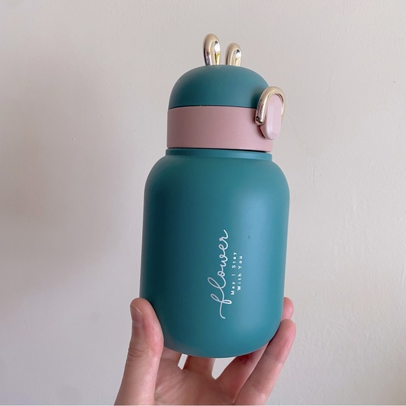 LAST CHANCE Kawaii Teal and Pink Small Metal Bottle with Bunny Ears - Picture 2 of 6